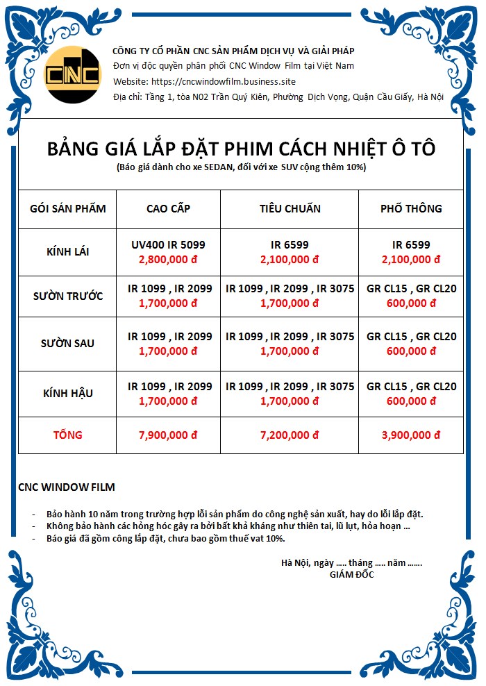 Bảng báo giá dán phim cách nhiệt ô tô