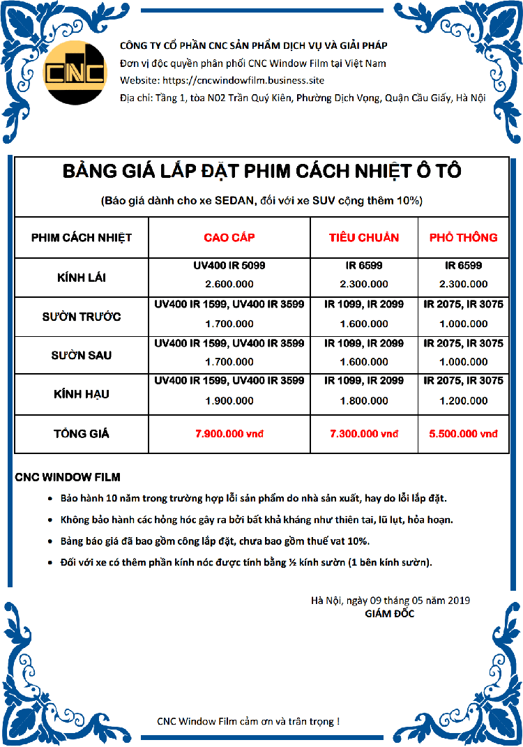 Bảng báo giá dán phim cách nhiệt ô tô